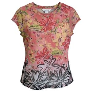Y2K George Pink Yellow Floral Cap Sleeve Crew Size M Shirt Mesh Stretch Travel